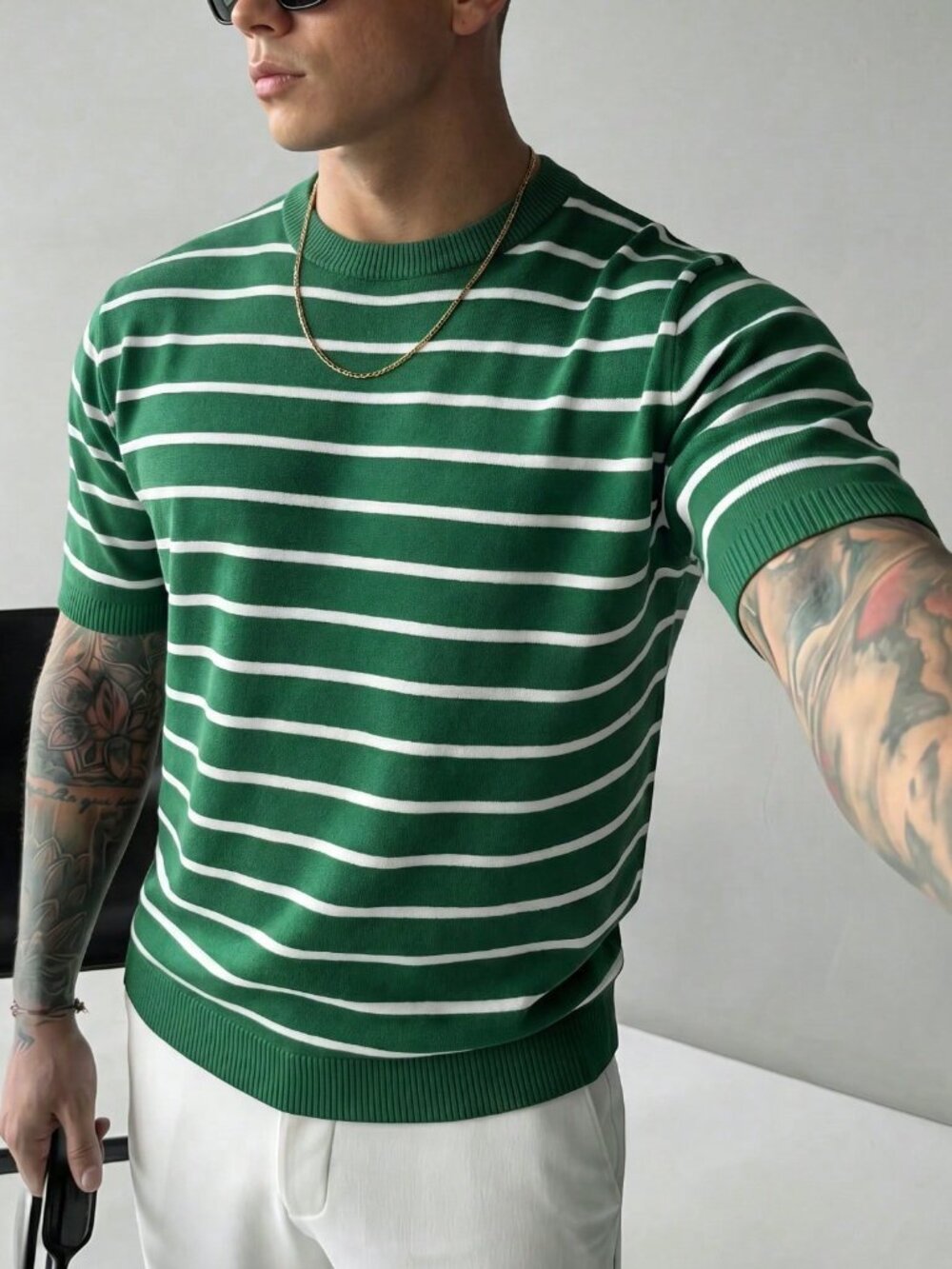 Green Men's Regular Fit Striped Crew Neck Knit Sweater